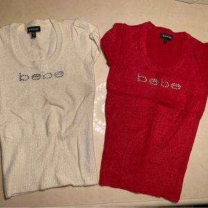 BEBE Soft Furry Short Sleeve Sweater Top red & cream Christmas / Valentines Day